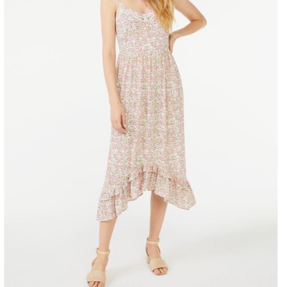 Scoop Ruffle High Low Hem Spaghetti Strap Floral Midi Sundress - Picture 1 of 6
